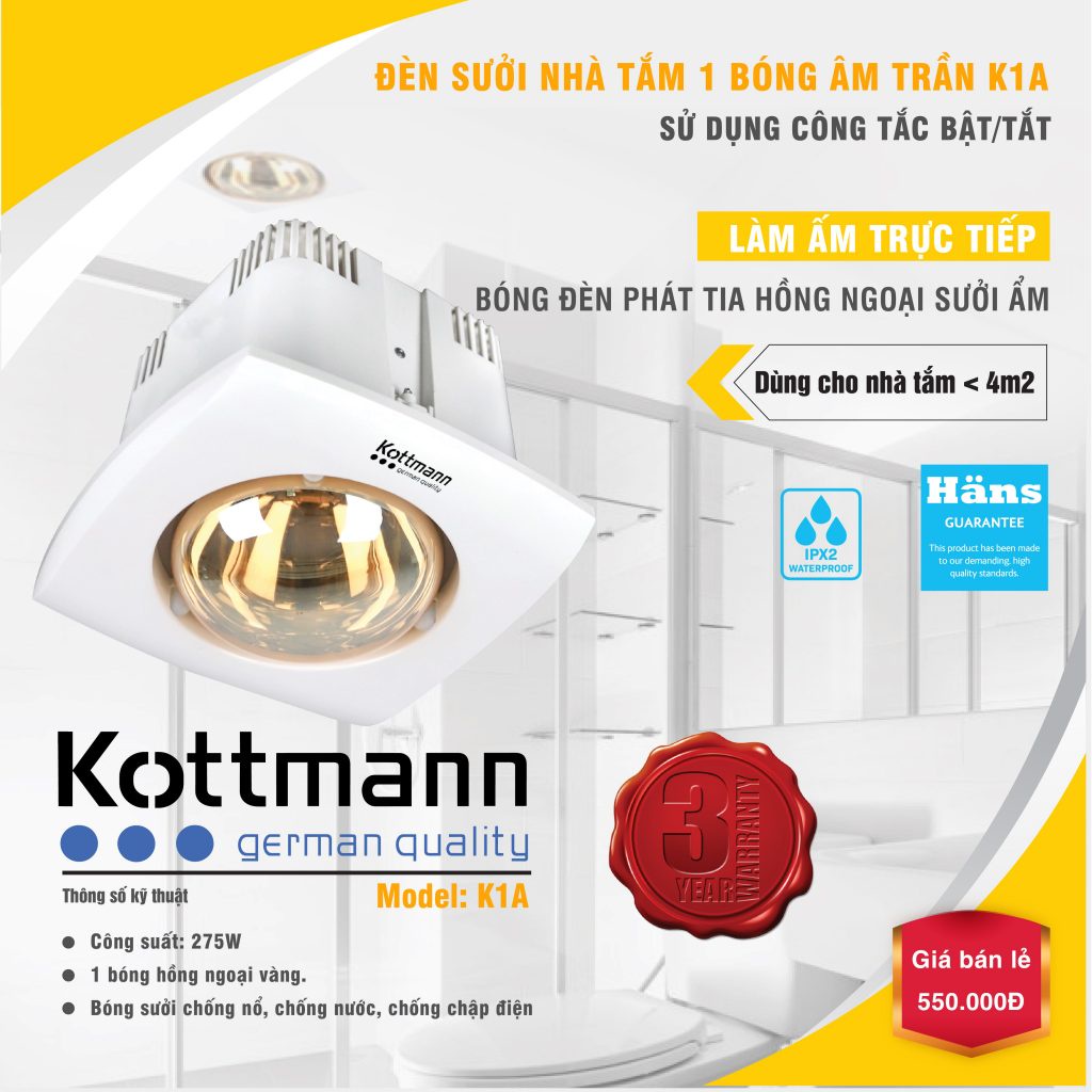 {Free Ship+Lắp Đặt } Đèn sưởi Kottman 1 bóng âm trần Kottmann K1A - Công Nghê Đức - Hàng Chính Hãng