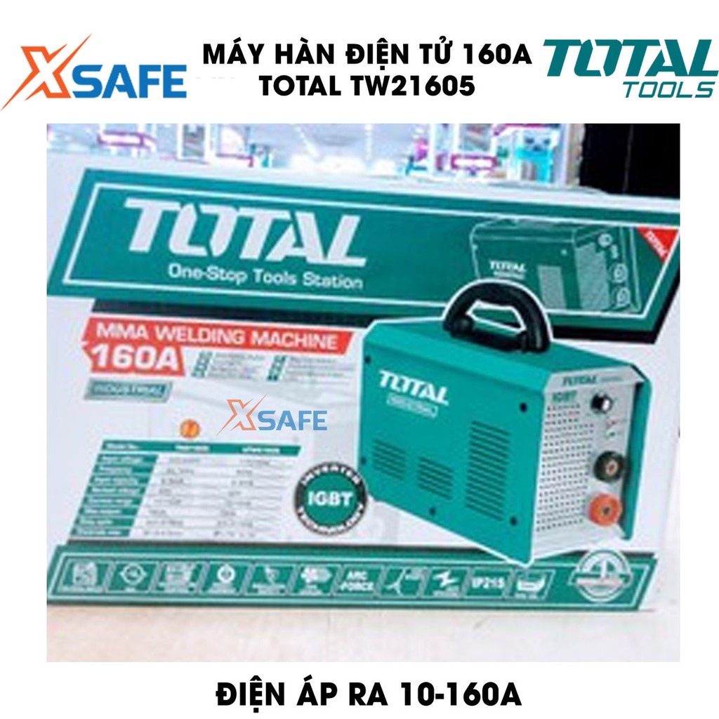 Máy hàn điện tử 160A TOTAL TW21605 Kèm 1 kèm hàn, 1 kèm Max, 1 cây chổi và 1 mặt nạ hàn Máy hàn TOTAL điện thế 65V