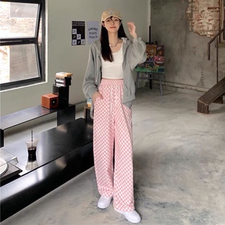 Quần ống suông, quần ống rộng, quần bo chun hoạ tiết caro màu hồng màu đen