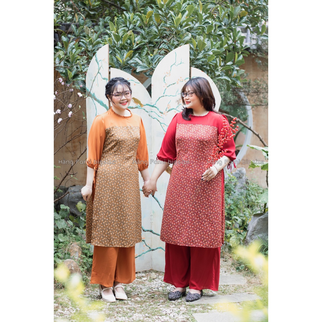 Áo dài hoa phối, tay bo chun nơ kèm quần bigsize (AD06) ( size 60kg - 95kg ) [Hằng Fami bigsize]