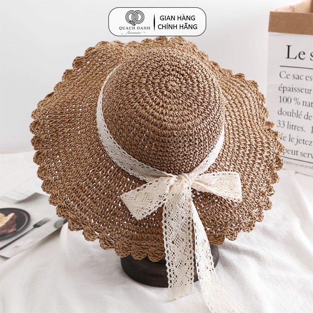 Mũ nón cói QO ACCESSORIES vành rộng lượn sóng dây nơ ren cho mẹ và bé đi biển mùa hè MU39