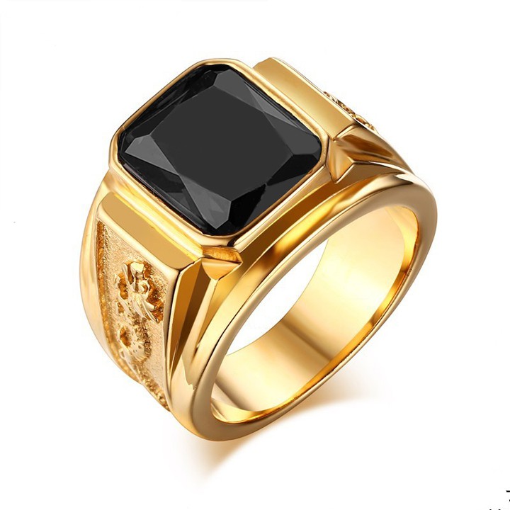 Nhẫn nam inox mạ vàng chạm rồng đá đen