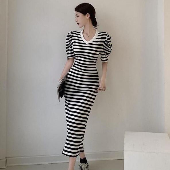 Đầm tay phồng họa tiết kẻ sọc phong cách retro Pháp thời trang mùa hè thanh lịch cho nữ