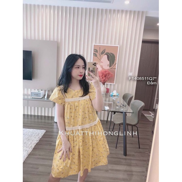 Đầm xòe thô đũi hoa nhí cổ tròn phối viền ren hàng QC!