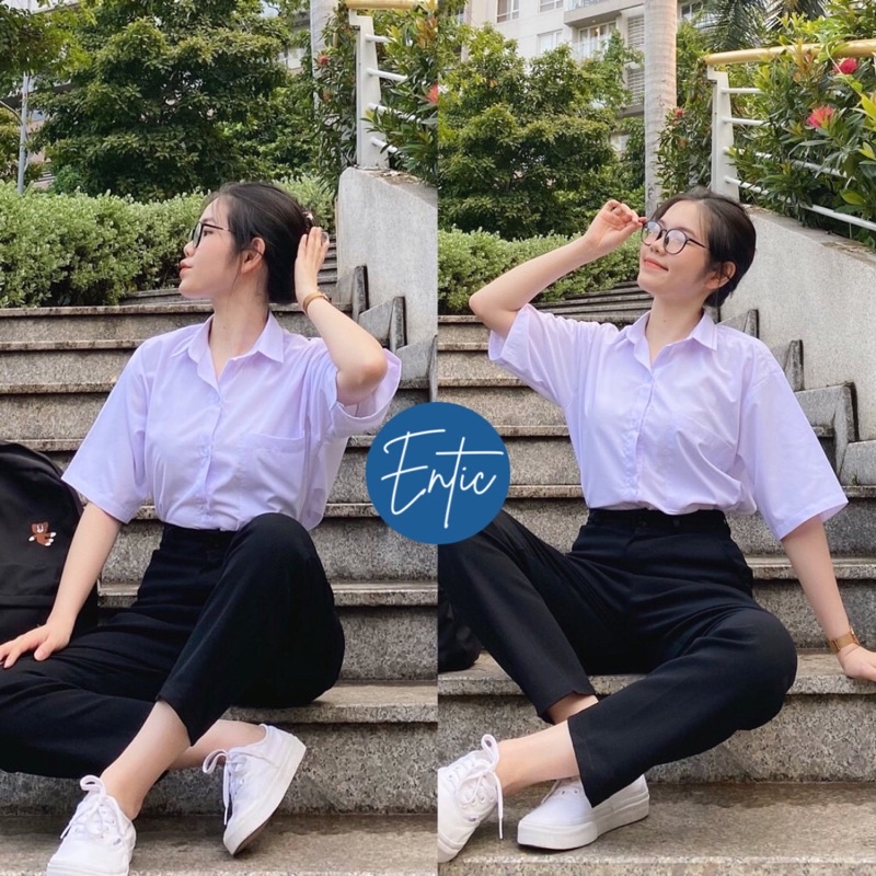 Áo Sơ Mi Nữ Học Sinh Vải Kate Tay Lỡ Túi Ngố Unisex [Kèm Ảnh Thật] Mẫu 44kg