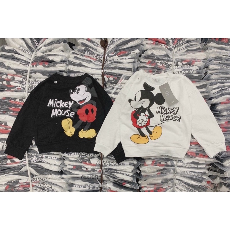 Set 2 áo Mickey trắng đen da cá xịn sò cho bé trai bé gái, áo nỉ dài tay thu đông cổ tròn trẻ con bo gấu khoẻ khoắn