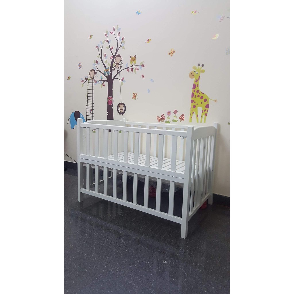 Cũi Cho Bé - Cũi Giường Gỗ Quế Tự Nhiên 100% Màu Trắng