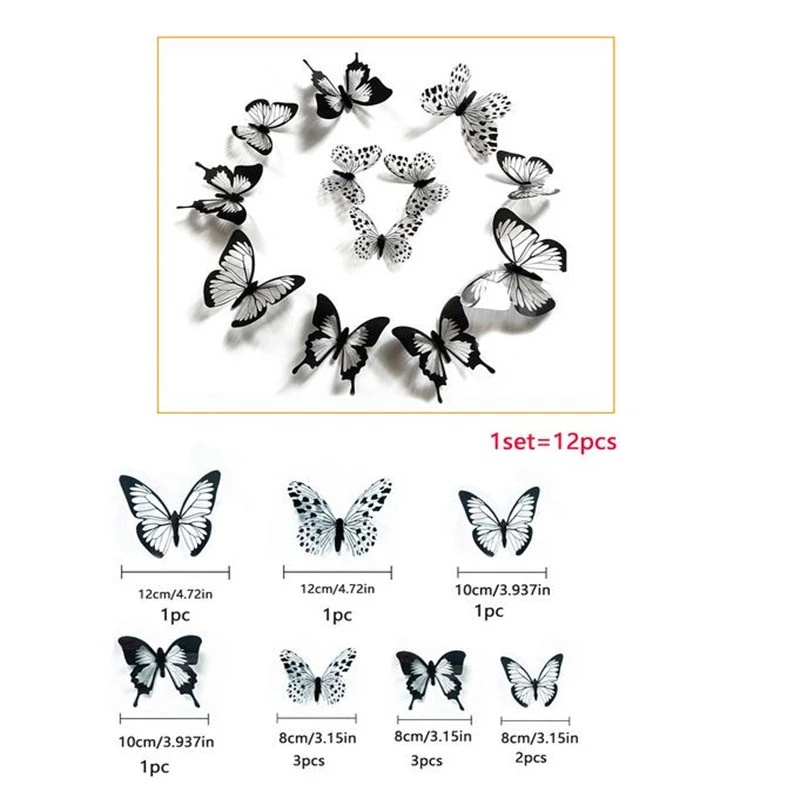 Set 12/24 sticker dán tường hình bướm 3d màu đen kèm băng dính hai mặt
