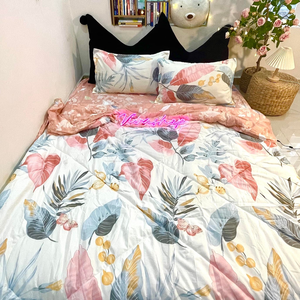 Full Set Bộ Ga giường Cotton Họa tiết Lá Phối Trắng Hồng ((M2x2m - m8x2m))