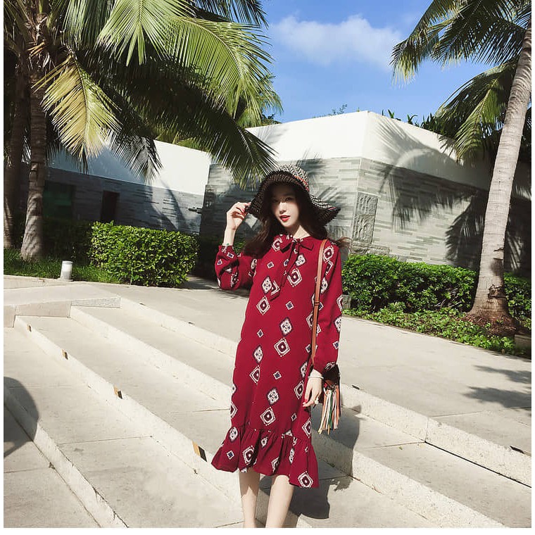 Đầm suông hè 2019 mới chất voan họa tiết nơ cổ dài tay SP.01525