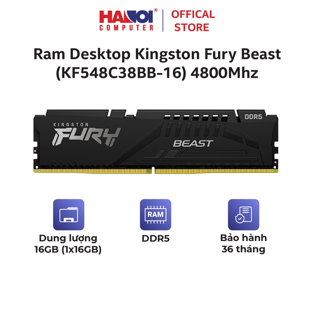 Ram Desktop Kingston Fury Beast (KF548C38BB-16) 16GB (1x16GB) DDR5 4800Mhz