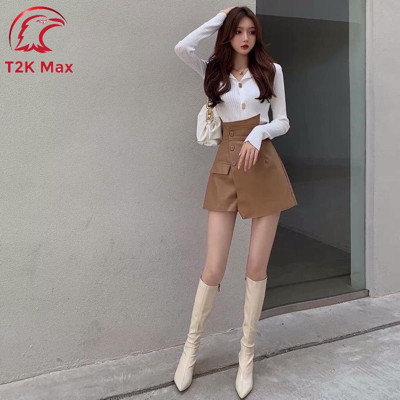 Quần giả váy da thiết kế 3 khuy vạt lệch cá tính - Quần short da bong nữ cạp cao vạt chéo - T2K Max | BigBuy360 - bigbuy360.vn