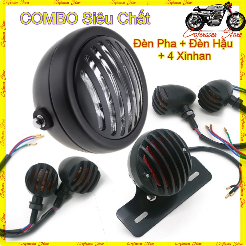 Combo đèn pha lưới 6,5icnh gáo sắt kính trong cùng đèn hậu lưới và 4 xi nhanh lưới độ xe CAFE RACER