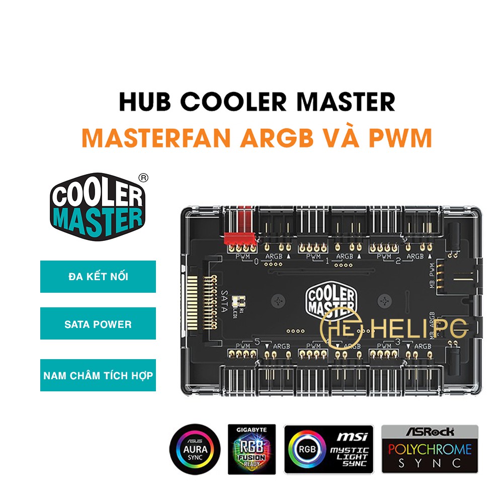 Hub Cooler Master MasterFan chia LED ARGB và chia nguồn PWM - Hub chia 6 cổng ARGB và 6 cổng nguồn PWM, Nguồn SATA