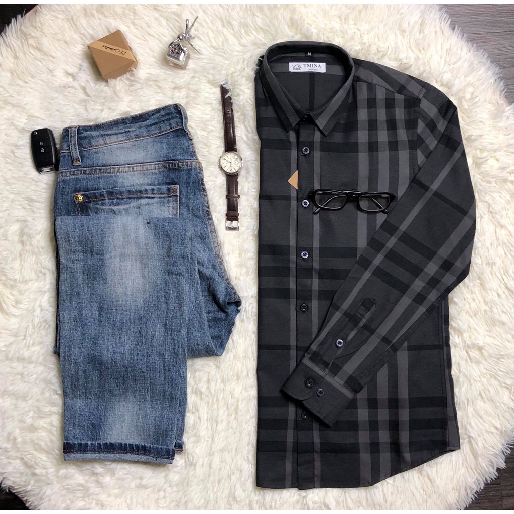 Áo sơ mi kẻ bbr tay dài vải cotton thoáng mát màu đen kẻ nhỏ SMD01