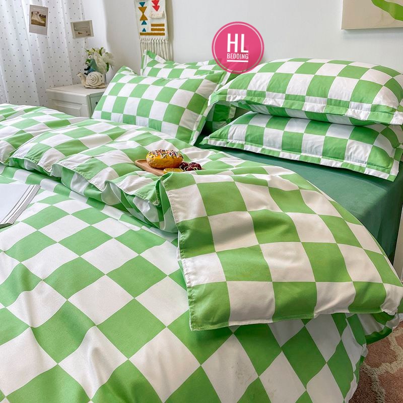 Bộ chăn ga Cotton Poly HL bedding chăn ga Hàn Quốc Bàn cờ vua caro ô vuông xanh lá trắng đủ size miễn phí bo chun