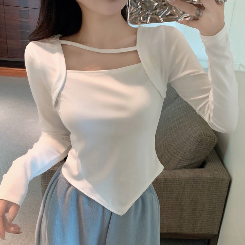 Áo Thun Dài Tay Cổ Vuông Thiết Kế Không Đồng Đều Phong Cách Mới Cho Nữ