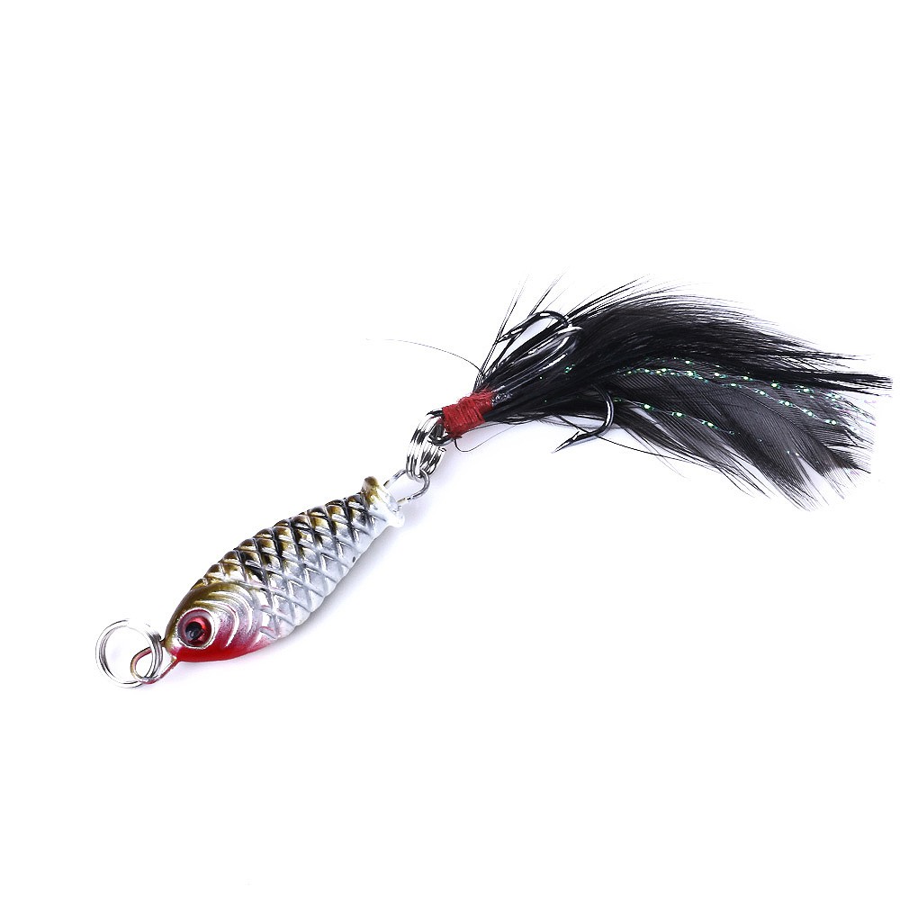 Hengjia 1 pcs  Mini Metal Fishing Jig Lure 3D Eyes Artificial Bait With Feather Hook Lead Jigs Fishing Lures 2.5cm 4g