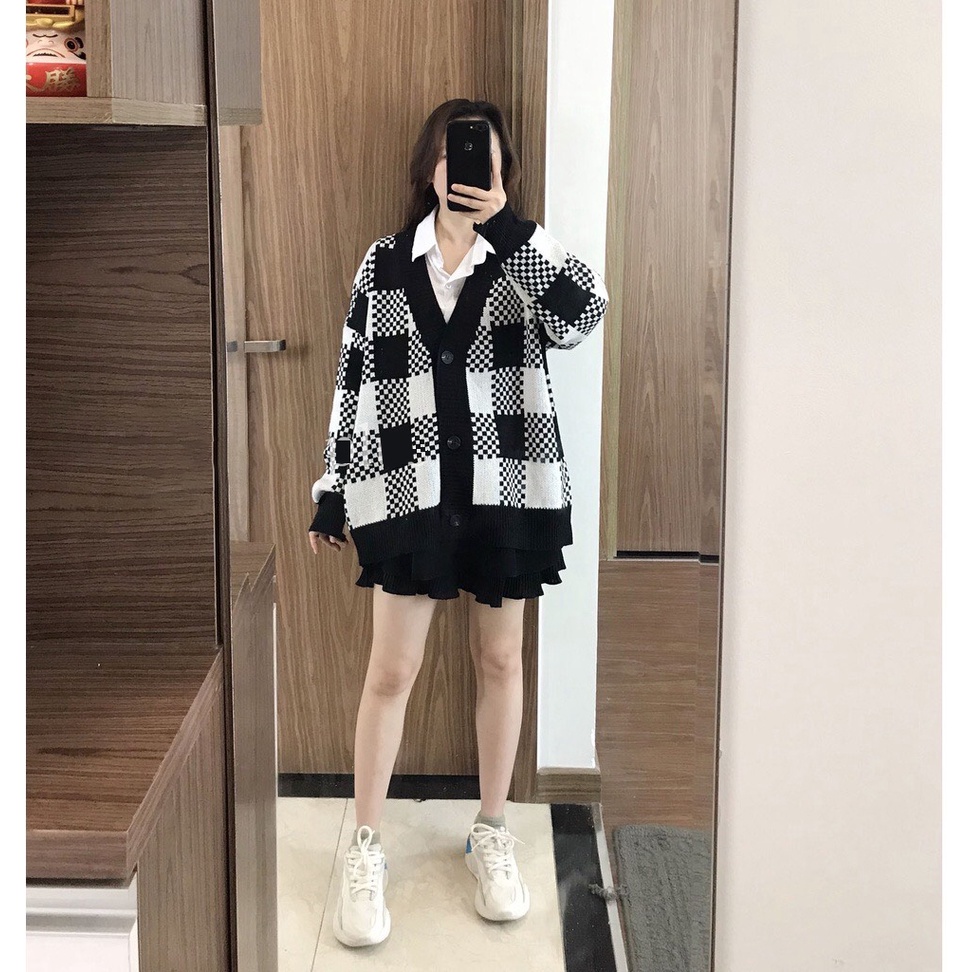 [ Ảnh thật] Áo cardigan A24 dáng rộng chùm mông họa tiết hình ô vuông hottrend, áo khoác len phù hợp mùa thu đông.