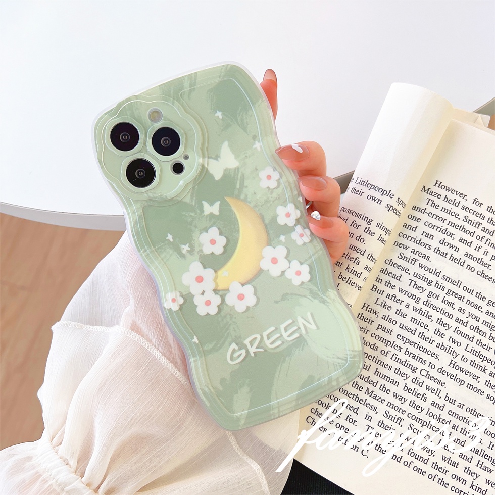 Ốp Điện Thoại Mềm Trong Suốt Họa Tiết Gợn Sóng Màu Xanh Lá Cho iPhone 14 13 12 11 Pro Max X XR Xs Max 8 7 Plus