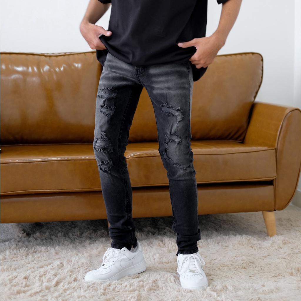 Quần jean nam cao cấp streetwear AMA màu đen wash form slimfit chất jean co giãn thoải mái.