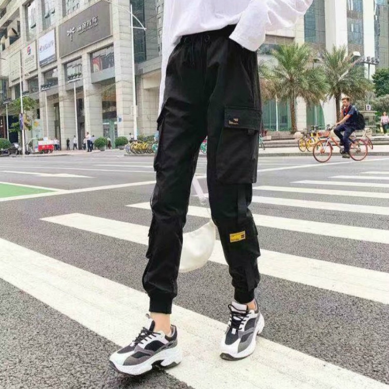 Quần dài IELGY lưng cao dáng rộng màu đen phong cách thể thao năng động thời trang dành cho nữ