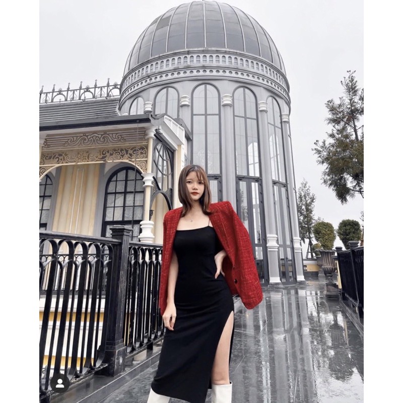 (Kèm hình thật sàn) Set đầm body đen + khoác vest đỏ