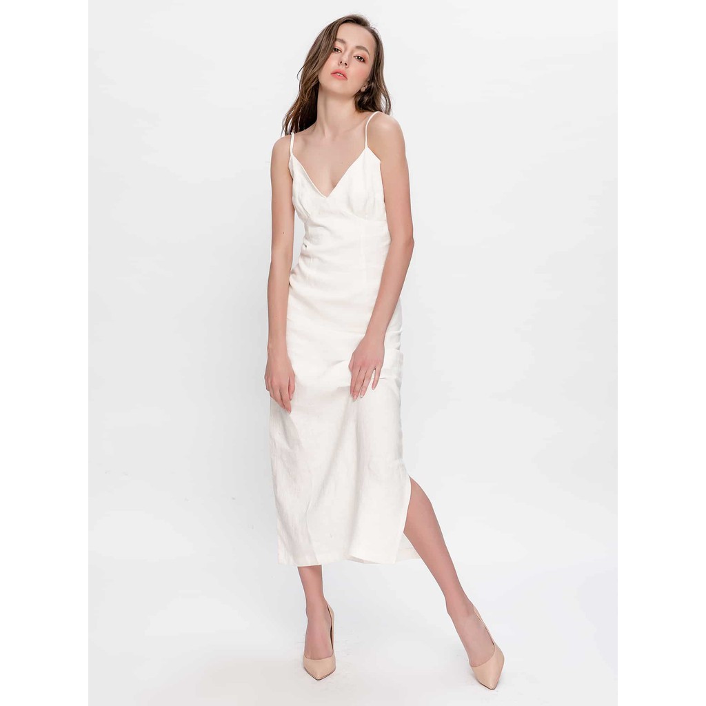 Đầm dây nữ YV LE & CO vải lanh màu trắng hiện đại