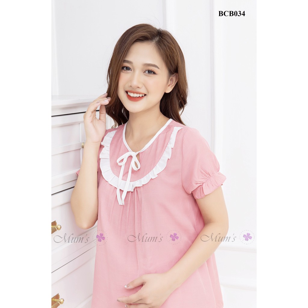 Đồ bộ bầu và sau sinh  FREESHIP  bộ đũi hồng bèo ngực nơ trắng cộc tay