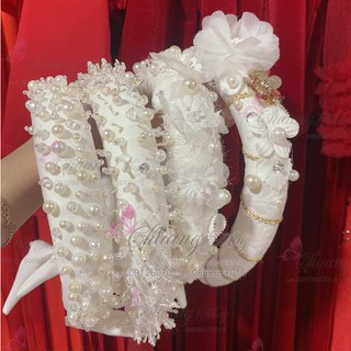 Mấn (vấn) cô dâu đính hạt ngoc pha lê cao cấp, Mấn kết hợp hoa nổi 3D