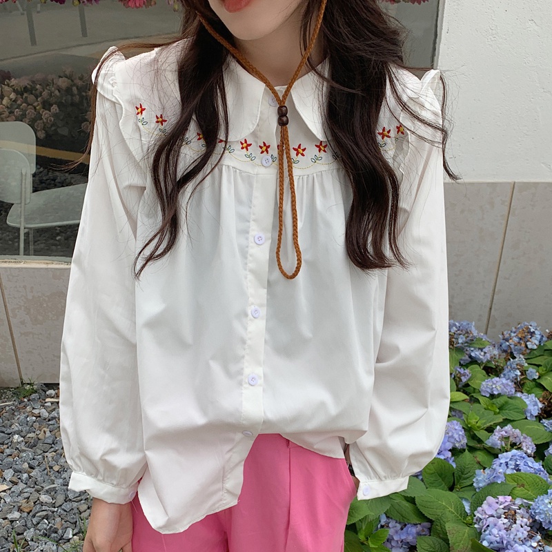 Áo sơ mi SUXI cổ búp bê tay dài thêu hoa màu trắng kiểu Hàn Quốc thời trang xuân hè cho nữ