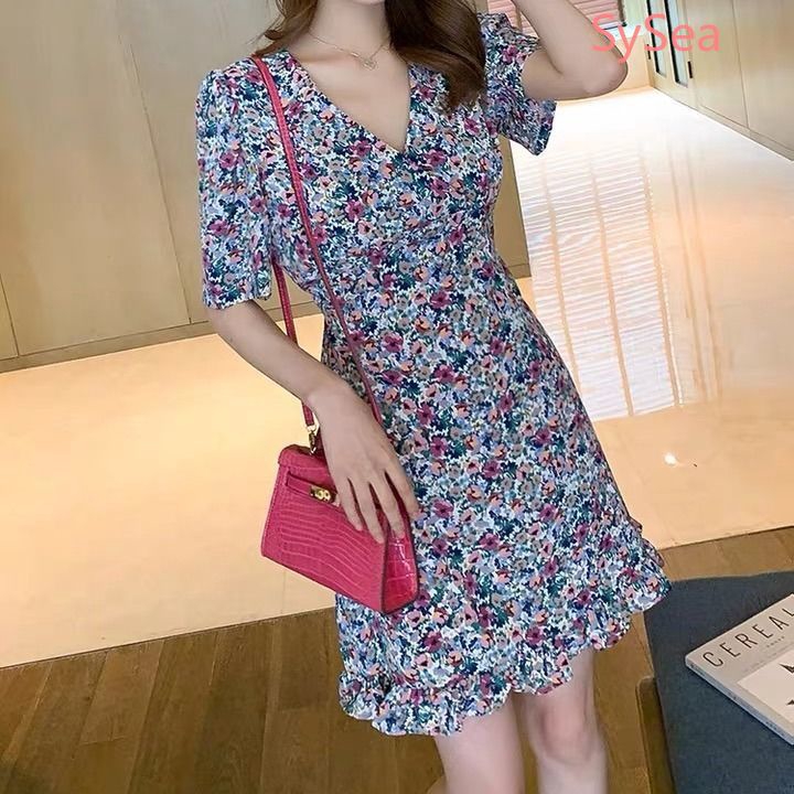 Đầm Voan Hoa Cổ V Phong Cách Hàn Quốc Cho Nữ