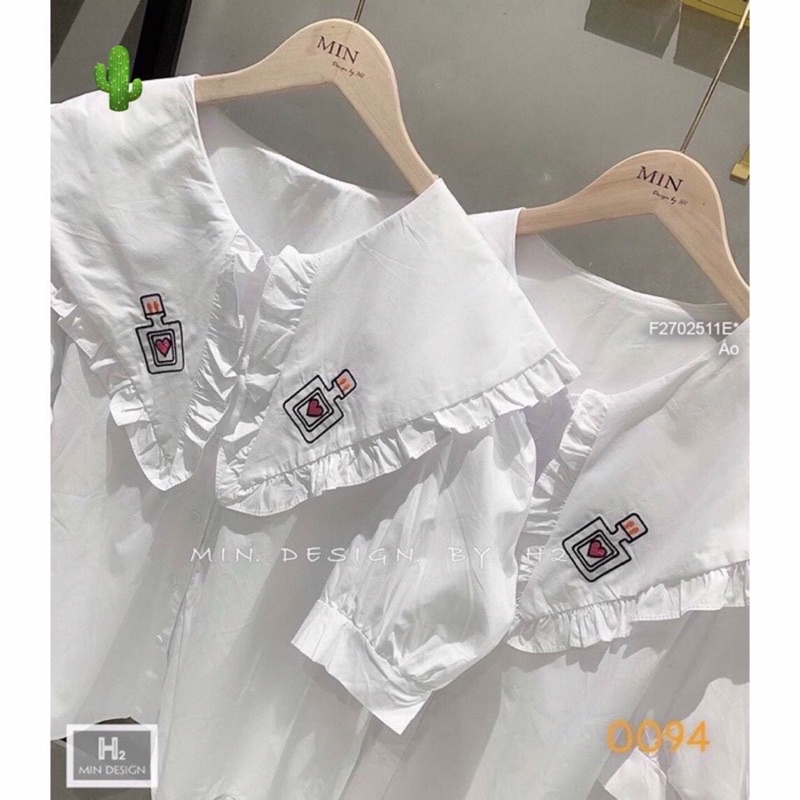 Áo sơ mi nữ bánh bèo họa tiết in logo xinh xắn, áo sơ mi nữ cổ thuyền cánh sen 🍀🍀🍀Pc877