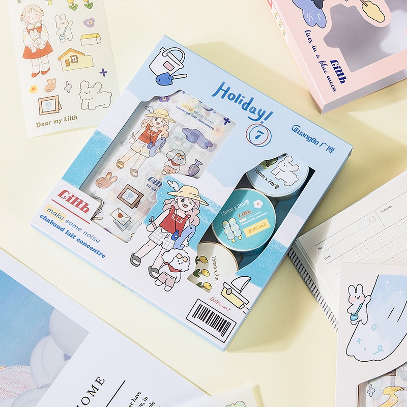 Bộ hộp 3 cuộn băng dính washi tape + 4 stickers GuangBo 4 chủ đề trang trí sổ Bullet Journal H97045