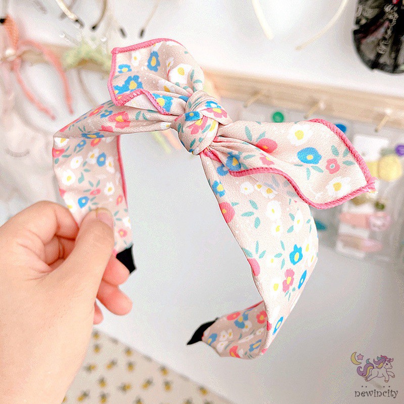 Băng Đô Cài Tóc Đính Nơ In Hoa Phong Cách Hàn Quốc Cho Bé Gái
