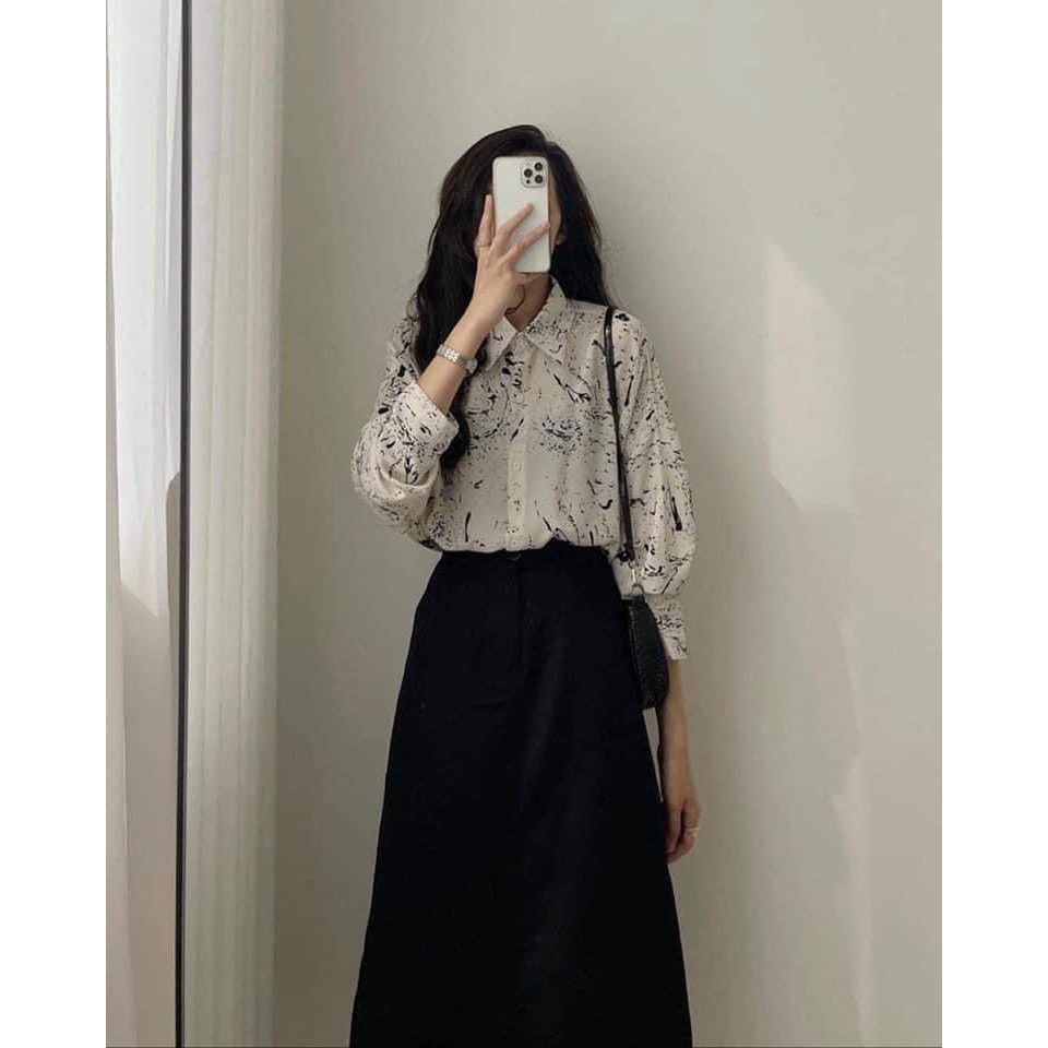 Áo sơ mi giả váy họa tiết nữ
