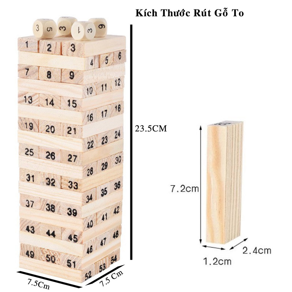 [Rút Gỗ To] Đồ Chơi Rút Gỗ Cỡ Lớn Cao Cấp Cỡ To 72*24*12MM - 54 Thanh Rút Gỗ Kèm 4 Con Súc Sắc Cho Bé