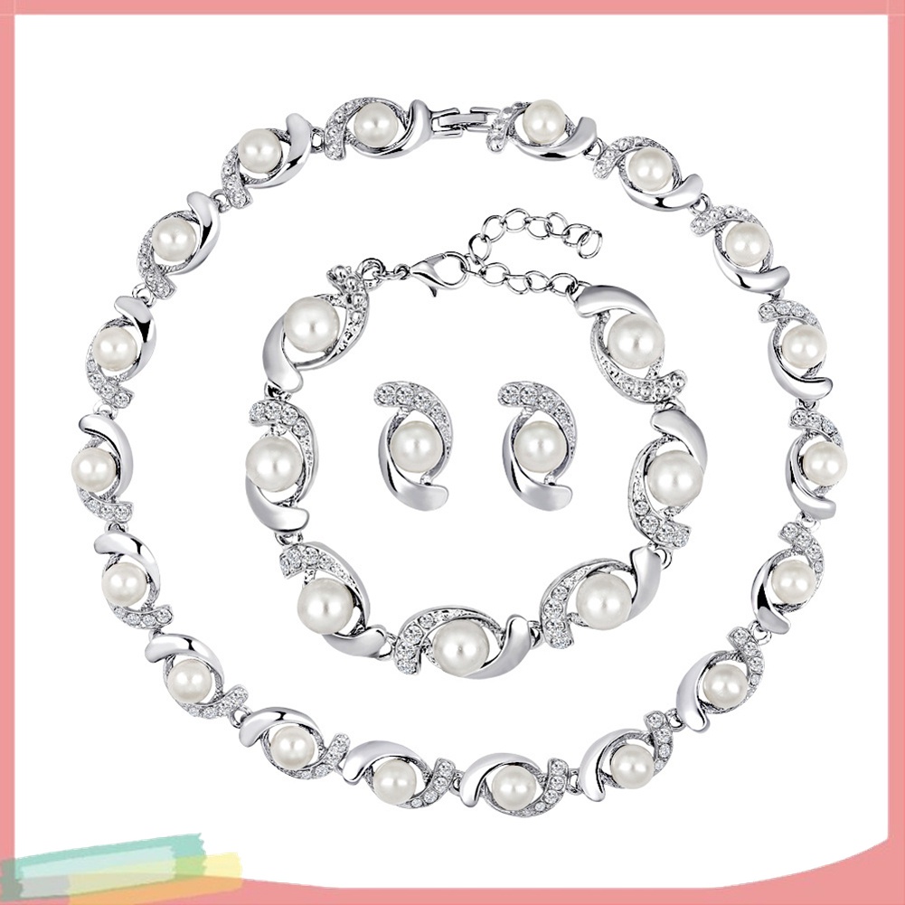 Bộ Trang Sức Vòng cổ + Vòng Tay + Đôi Khuyên Tai Đính Ngọc Trai Giả Sang Trọng Cho Nữ