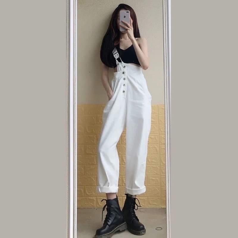 Quần Jeans Yếm Nữ Hai Màu Đen Trắng Có Dây Điều Chỉnh Ống Suông Cá Tính Năng Động Hot Trend Phong Cách Ulzzang