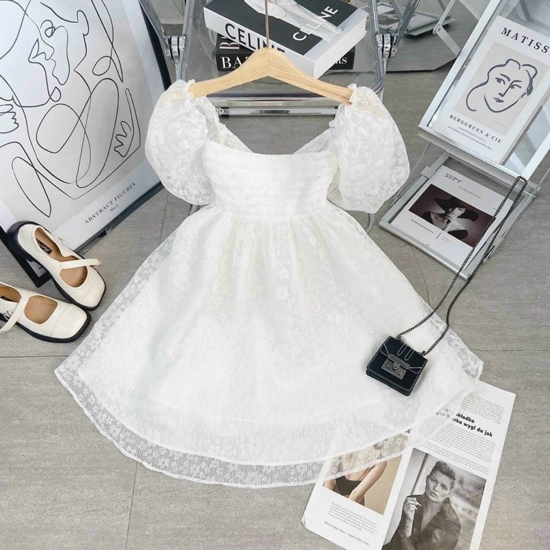 Về thêm màu kem ĐẦM REN TRẮNG KEM NƠ LƯNG HOA NỔI BBD BABYDOLL XẾP LY NGỰC