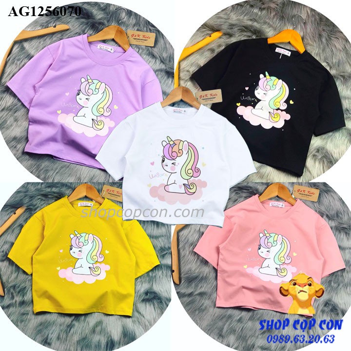 Áo thun croptop hình ngựa 1 sừng cho bé gái từ 24kg đến 38kg