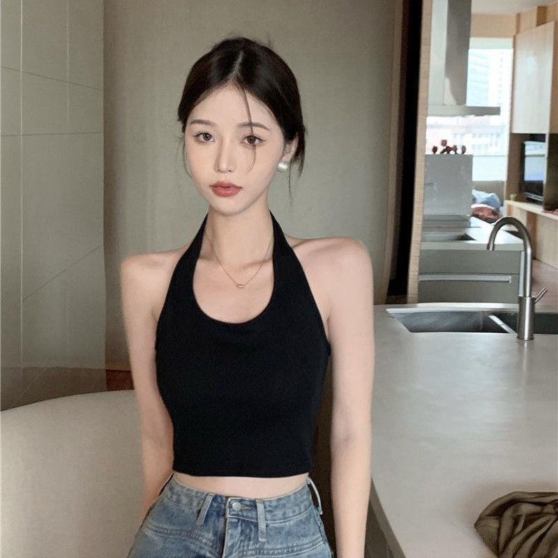 [MURIOKI] Áo Hai Dây Dáng Ôm Ngắn Hở Lưng Màu Đen Thời Trang 2022 Quyến Rũ Cho Nữ