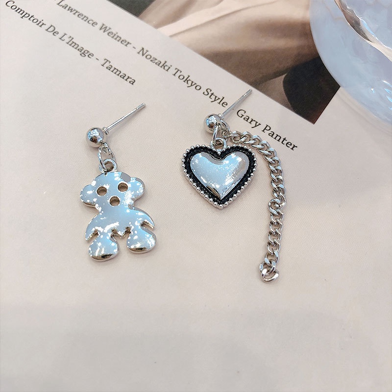 Khuyên Tai Bạc Hình Gấu Và Trái Tim Thời Trang Cá Tính