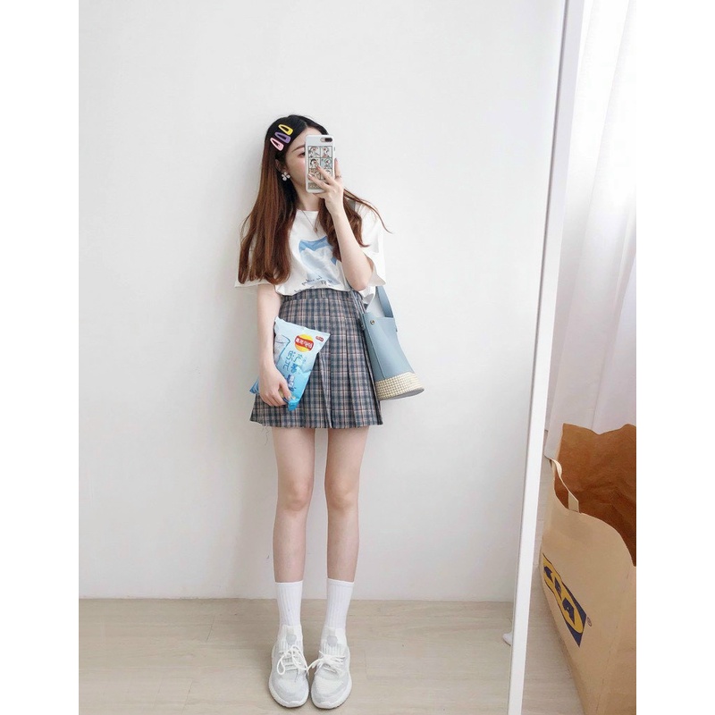 Set váy nữ,set áo thun cotton phối chân váy kẻ caro kèm lót quần