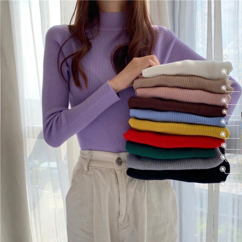 Áo Sweater Dệt Kim Cổ Lọ Tay Dài Dáng Ôm Thời Trang Thu Đông Cho Nữ