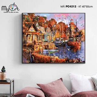 Tranh trang trí treo tường sơn dầu tự tô Myart hoàng hôn nơi bên cảng PC4212
