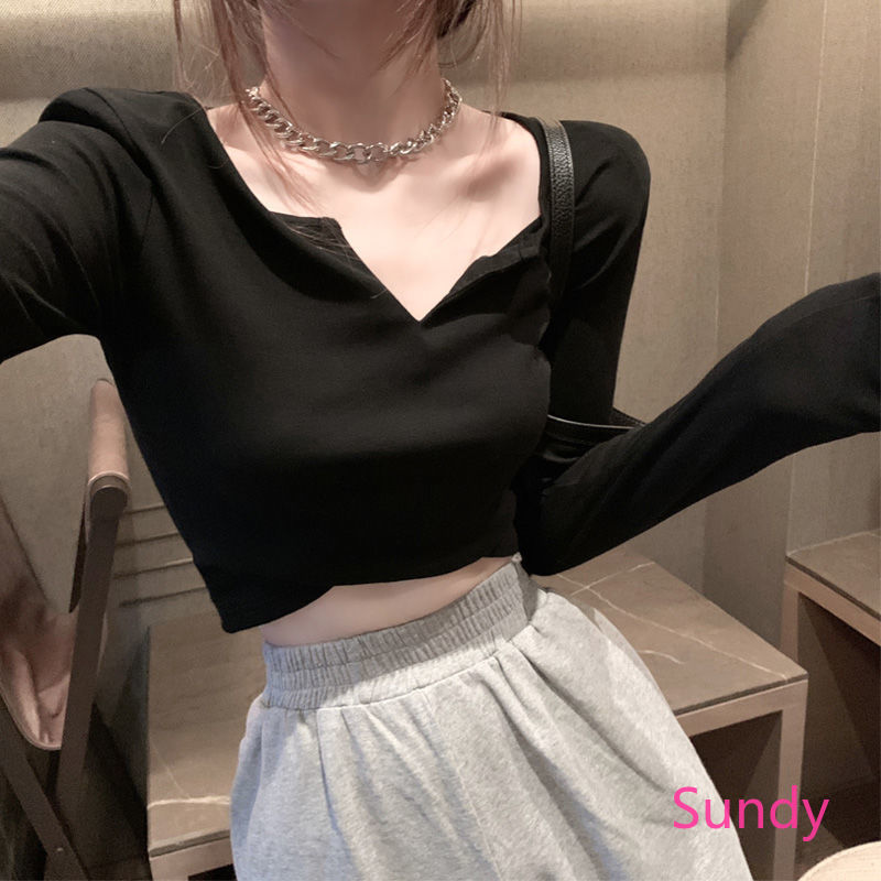 Áo Croptop Tay Dài Cổ Chữ V Thiết Kế Ôm Sát Tôn Dáng