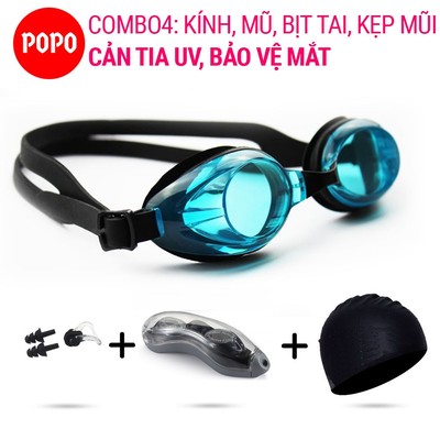 Bộ kính mũ bơi bịt tai kẹp mũi POPO 1153 mắt trong chống tia UV, hạn chế sương mờ