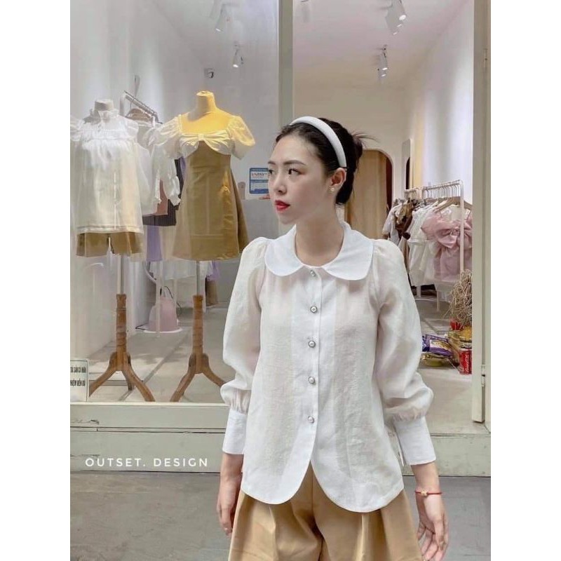 (Hot) Áo Sơ Mi Trắng Cổ Sen Khuy Ngọc