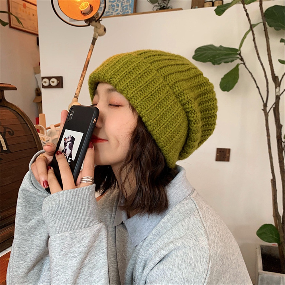 Mũ len dệt kim dáng rộng màu sắc đơn giản giữ ấm mùa đông cho nữ